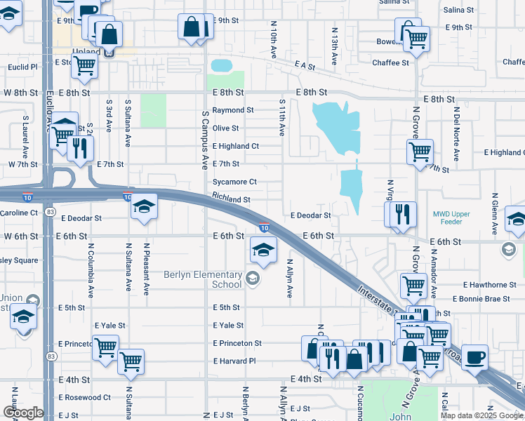 map of restaurants, bars, coffee shops, grocery stores, and more near 1536 North Hope Avenue in Ontario