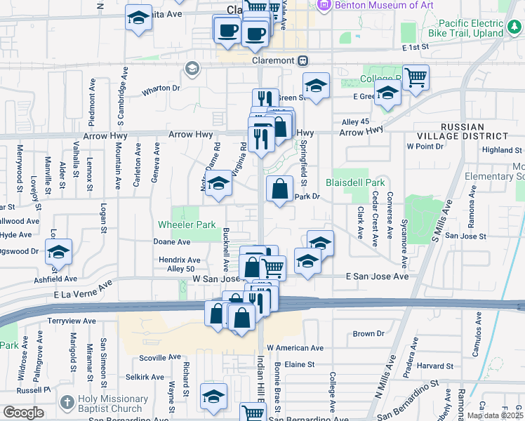 map of restaurants, bars, coffee shops, grocery stores, and more near 552 South Indian Hill Boulevard in Claremont
