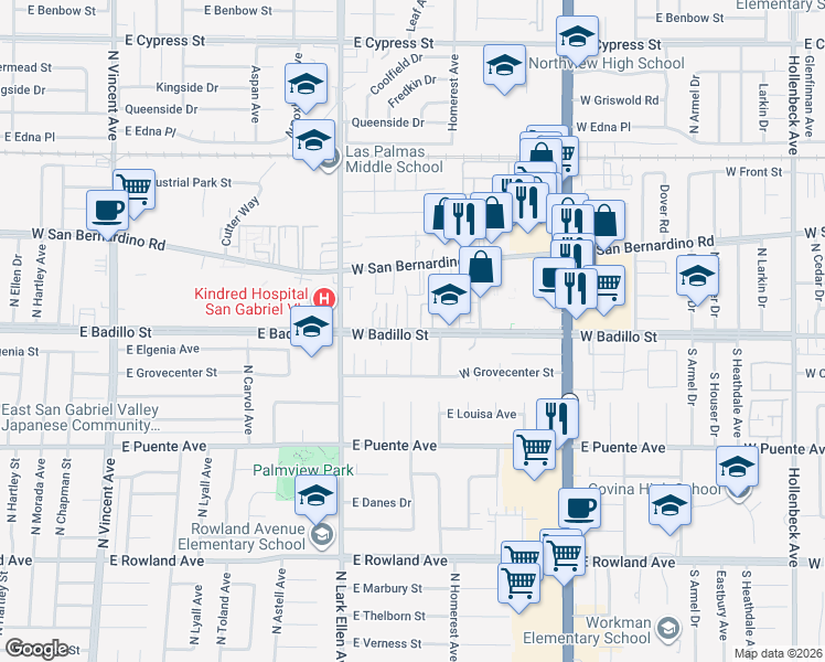map of restaurants, bars, coffee shops, grocery stores, and more near 110 South Waterbury Avenue in Covina