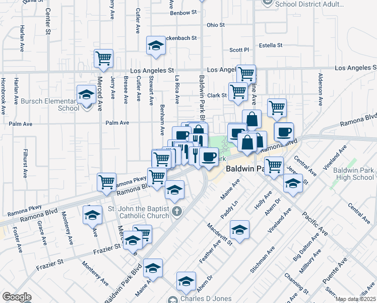 map of restaurants, bars, coffee shops, grocery stores, and more near 14149 Ramona Boulevard in Baldwin Park