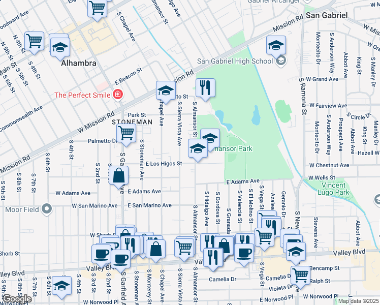 map of restaurants, bars, coffee shops, grocery stores, and more near 415 East Los Higos Street in Alhambra