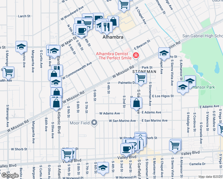 map of restaurants, bars, coffee shops, grocery stores, and more near 826 South 4th Street in Alhambra