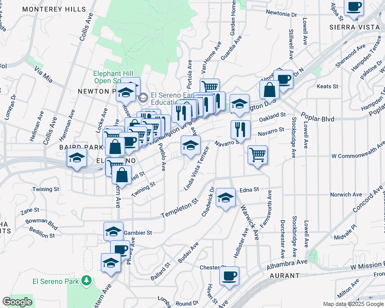 map of restaurants, bars, coffee shops, grocery stores, and more near 3445 Linda Vista Terrace in Los Angeles