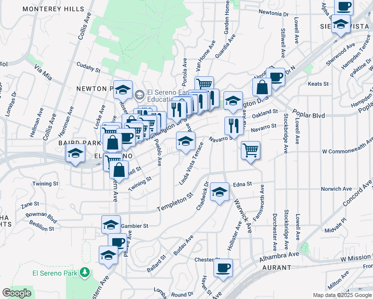 map of restaurants, bars, coffee shops, grocery stores, and more near 3445 Linda Vista Terrace in Los Angeles