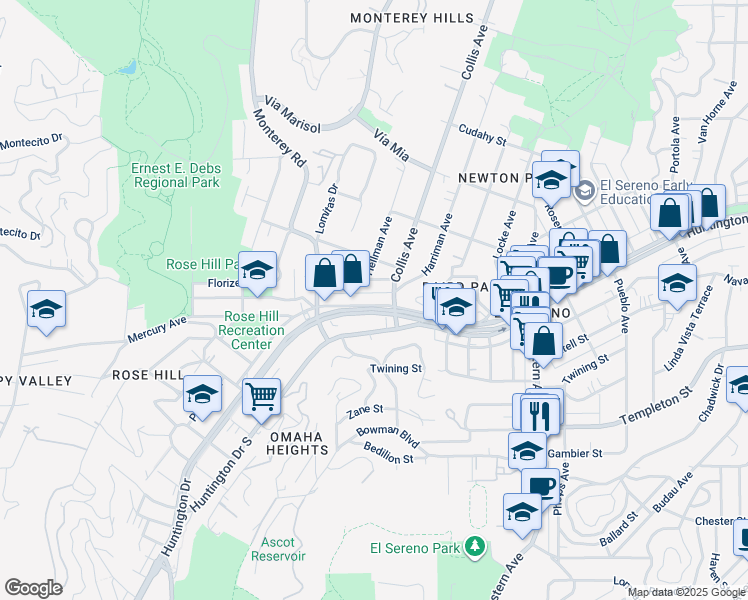 map of restaurants, bars, coffee shops, grocery stores, and more near 4641 Huntington Drive South in Los Angeles