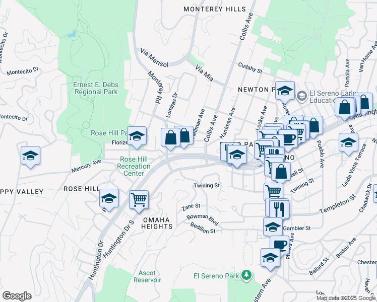 map of restaurants, bars, coffee shops, grocery stores, and more near 4641 Huntington Drive South in Los Angeles