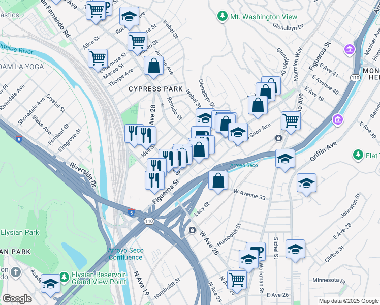 map of restaurants, bars, coffee shops, grocery stores, and more near 3207 North River Street in Los Angeles