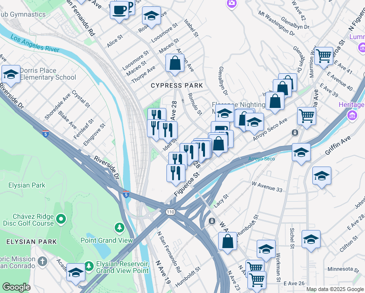 map of restaurants, bars, coffee shops, grocery stores, and more near 553 West Avenue 28 in Los Angeles