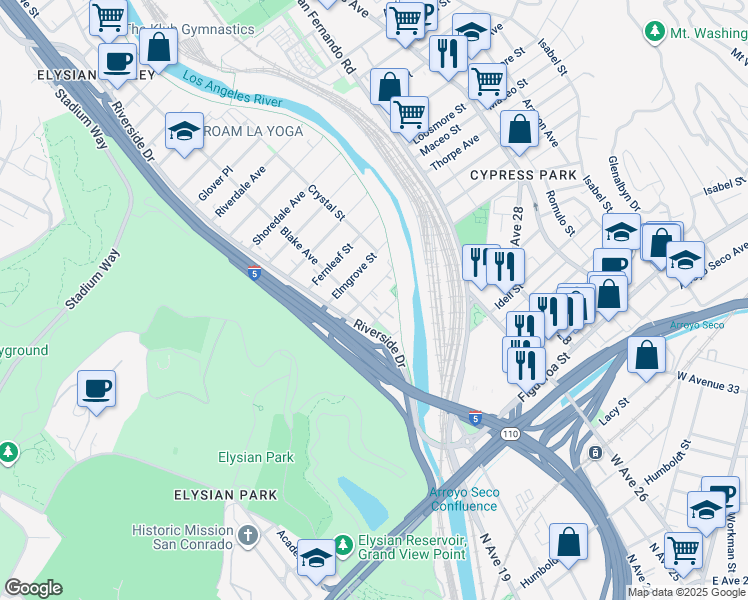 map of restaurants, bars, coffee shops, grocery stores, and more near 2205 Duvall Street in Los Angeles