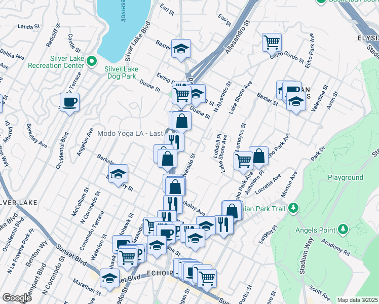 map of restaurants, bars, coffee shops, grocery stores, and more near 2100 Aaron Street in Los Angeles