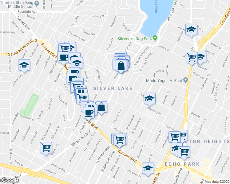 map of restaurants, bars, coffee shops, grocery stores, and more near 1467 Silver Lake Boulevard in Los Angeles