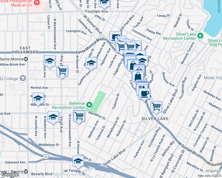map of restaurants, bars, coffee shops, grocery stores, and more near 962 Maltman Avenue in Los Angeles