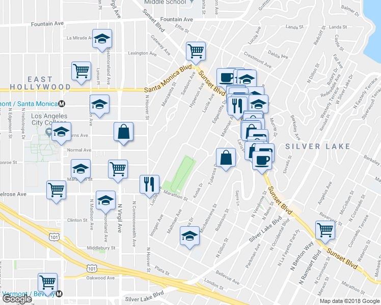 map of restaurants, bars, coffee shops, grocery stores, and more near 951 Edgecliffe Drive in Los Angeles