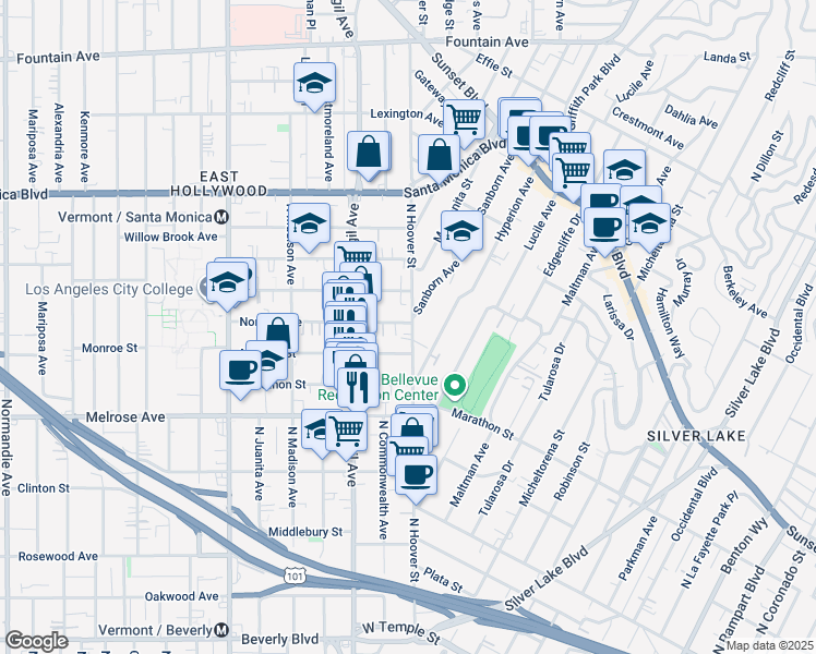 map of restaurants, bars, coffee shops, grocery stores, and more near 803 Hyperion Avenue in Los Angeles