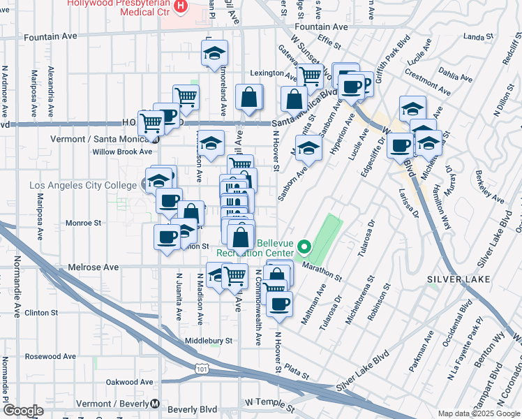 map of restaurants, bars, coffee shops, grocery stores, and more near 4029 Monroe Street in Los Angeles