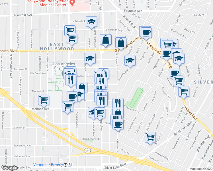 map of restaurants, bars, coffee shops, grocery stores, and more near 4033 1/2 Monroe Street in Los Angeles