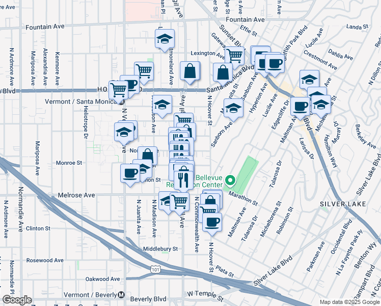 map of restaurants, bars, coffee shops, grocery stores, and more near 4029 Monroe Street in Los Angeles