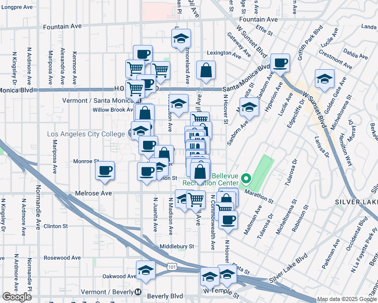 map of restaurants, bars, coffee shops, grocery stores, and more near 811 North Virgil Avenue in Los Angeles