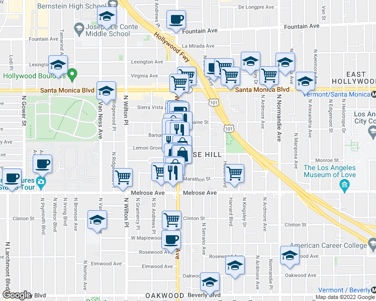 map of restaurants, bars, coffee shops, grocery stores, and more near in Los Angeles