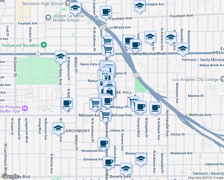 map of restaurants, bars, coffee shops, grocery stores, and more near in Los Angeles