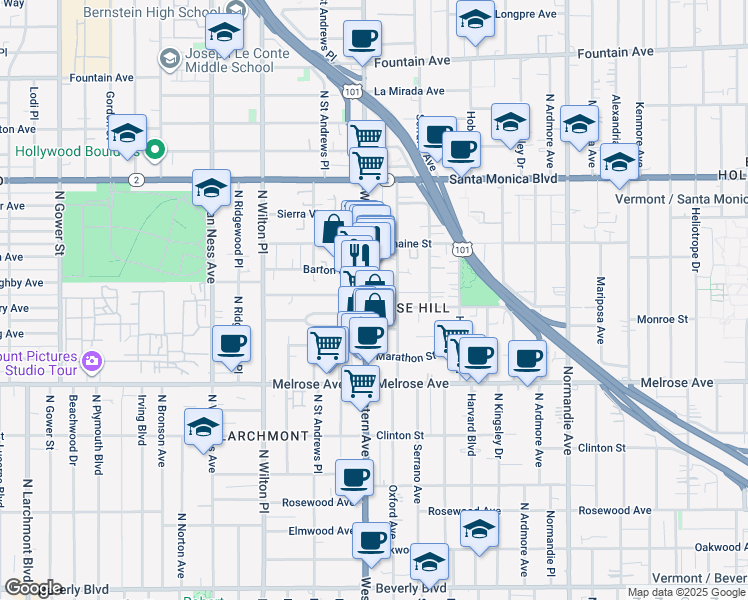 map of restaurants, bars, coffee shops, grocery stores, and more near 871 North Western Avenue in Los Angeles