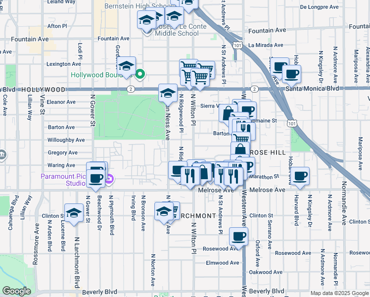 map of restaurants, bars, coffee shops, grocery stores, and more near 825 North Wilton Place in Los Angeles