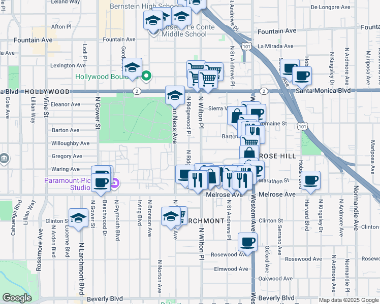 map of restaurants, bars, coffee shops, grocery stores, and more near 825 North Wilton Place in Los Angeles