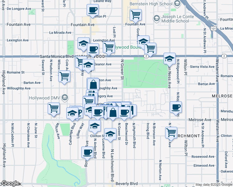 map of restaurants, bars, coffee shops, grocery stores, and more near 5816 Gregory Avenue in Los Angeles