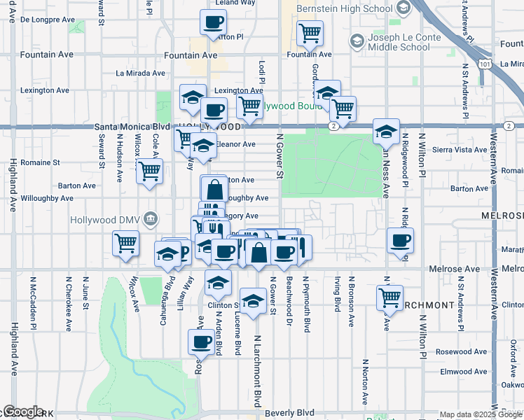 map of restaurants, bars, coffee shops, grocery stores, and more near 5816 Gregory Avenue in Los Angeles