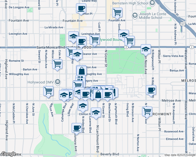 map of restaurants, bars, coffee shops, grocery stores, and more near 5816 Gregory Avenue in Los Angeles