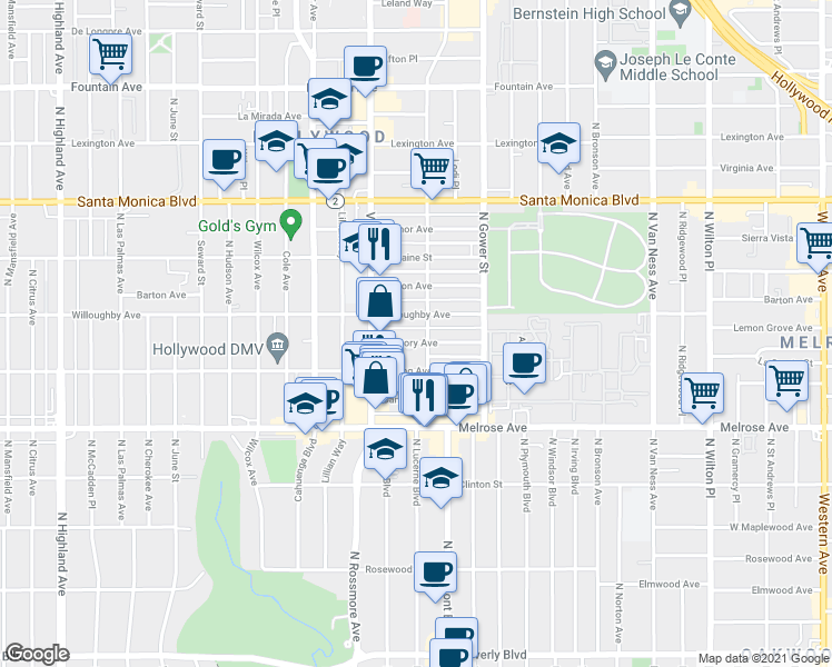 map of restaurants, bars, coffee shops, grocery stores, and more near 5868 Gregory Avenue in Los Angeles