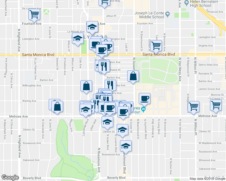 map of restaurants, bars, coffee shops, grocery stores, and more near 5945 Gregory Avenue in Los Angeles