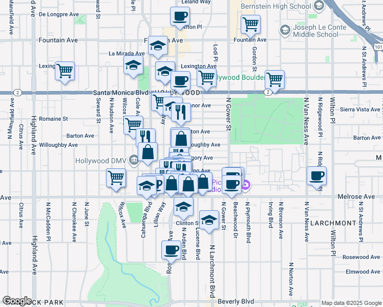 map of restaurants, bars, coffee shops, grocery stores, and more near 5945 Gregory Avenue in Los Angeles