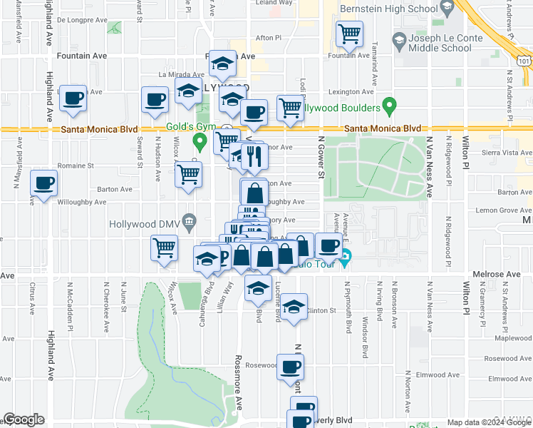 map of restaurants, bars, coffee shops, grocery stores, and more near 5945 Gregory Avenue in Los Angeles