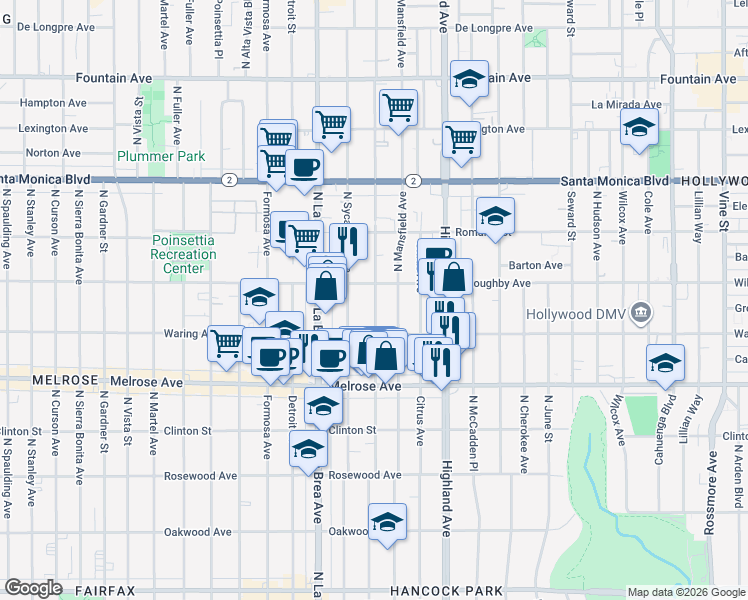 map of restaurants, bars, coffee shops, grocery stores, and more near 823 North Mansfield Avenue in Los Angeles