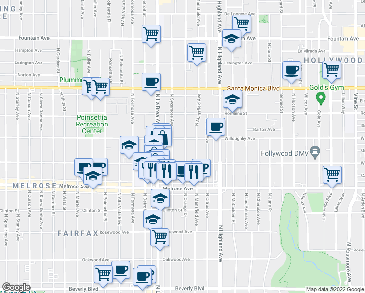 map of restaurants, bars, coffee shops, grocery stores, and more near 824 North Sycamore Avenue in Los Angeles