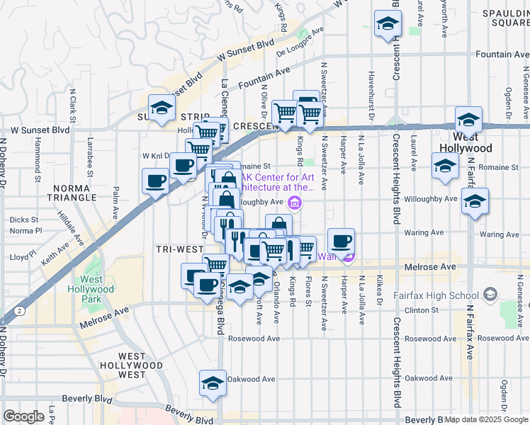 map of restaurants, bars, coffee shops, grocery stores, and more near 822 North Croft Avenue in Los Angeles