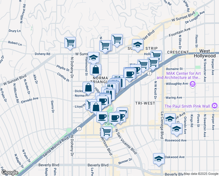 map of restaurants, bars, coffee shops, grocery stores, and more near 840 North San Vicente Boulevard in West Hollywood