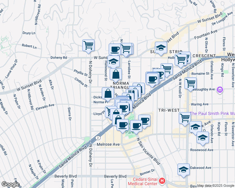 map of restaurants, bars, coffee shops, grocery stores, and more near 855 Hilldale Avenue in West Hollywood