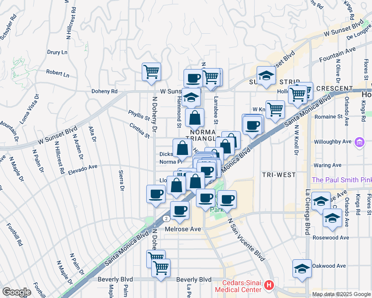 map of restaurants, bars, coffee shops, grocery stores, and more near 8968 Dicks Street in West Hollywood