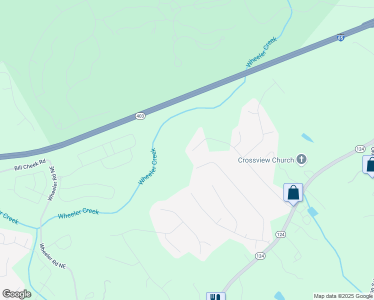 map of restaurants, bars, coffee shops, grocery stores, and more near 1953 East Bay Street in Hoschton