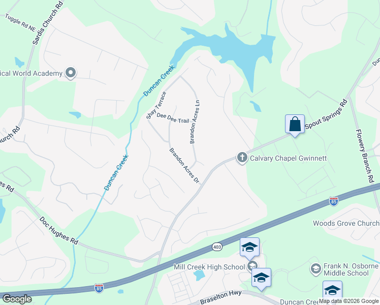 map of restaurants, bars, coffee shops, grocery stores, and more near 2129 Shay Court in Buford