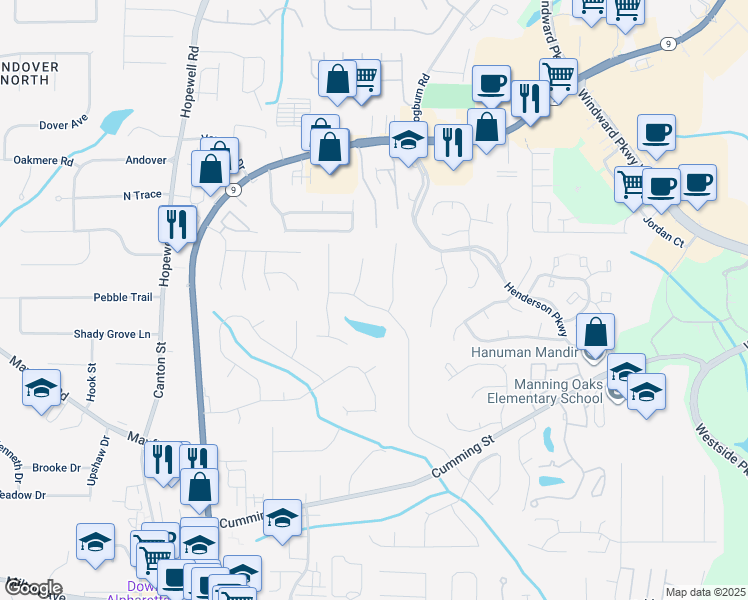 map of restaurants, bars, coffee shops, grocery stores, and more near 385 Jayne Ellen Way in Alpharetta