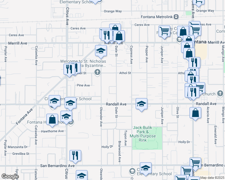 map of restaurants, bars, coffee shops, grocery stores, and more near 9240 Date Street in Fontana