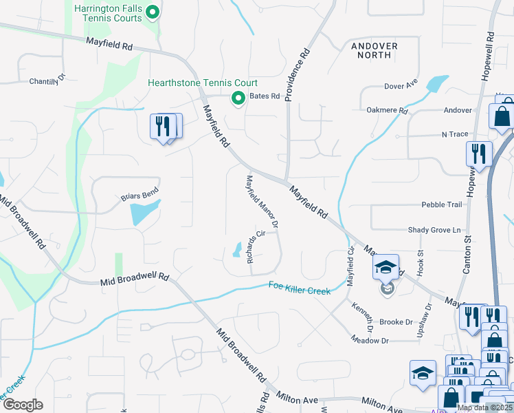 map of restaurants, bars, coffee shops, grocery stores, and more near 1045 Mayfield Manor Drive in Alpharetta