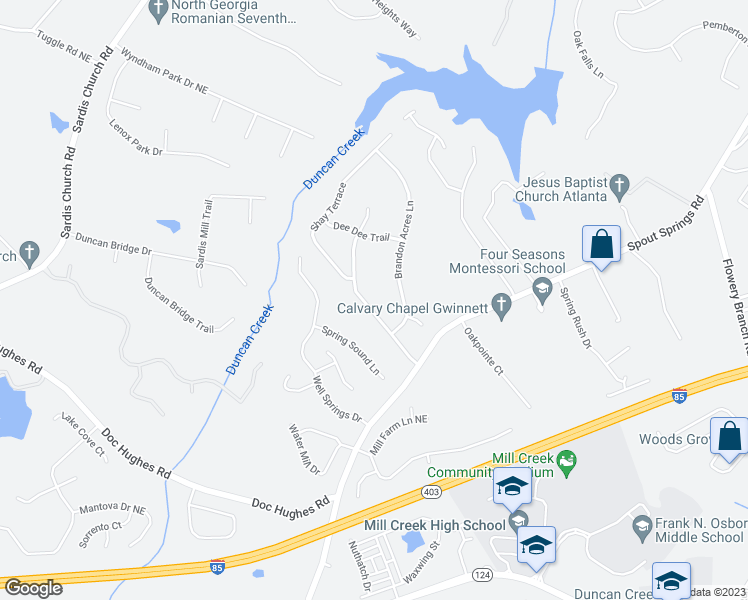 map of restaurants, bars, coffee shops, grocery stores, and more near 2175 Brandon Acres Drive in Buford