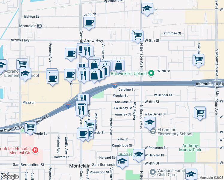 map of restaurants, bars, coffee shops, grocery stores, and more near 9221 Vernon Avenue in Montclair