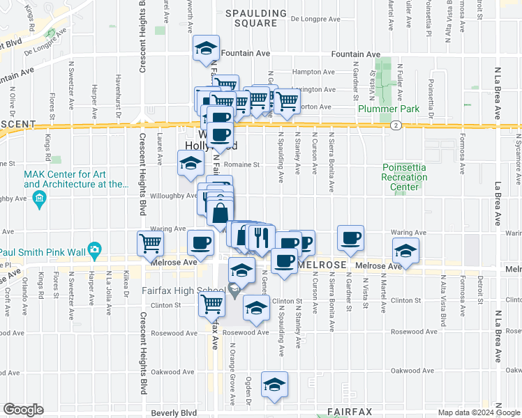map of restaurants, bars, coffee shops, grocery stores, and more near 839 North Genesee Avenue in West Hollywood