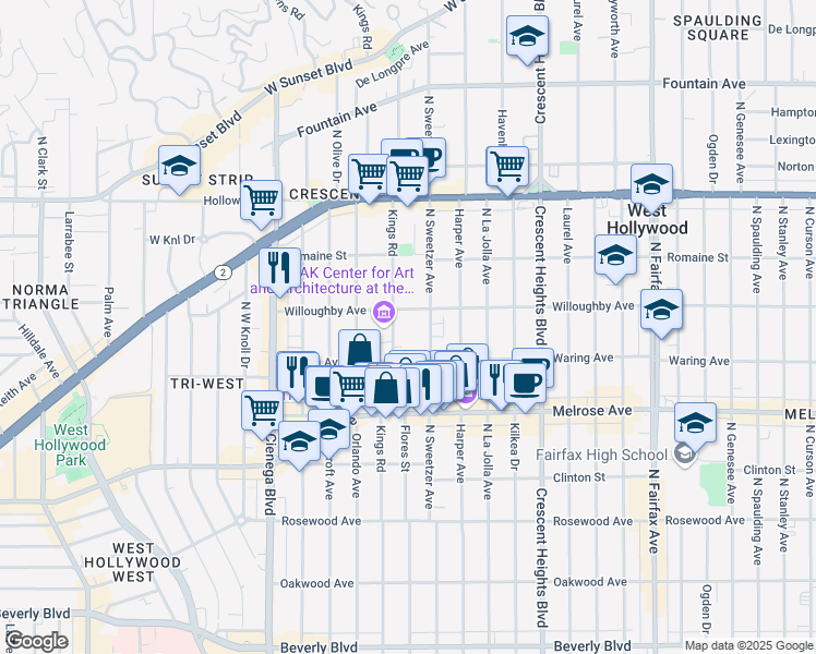 map of restaurants, bars, coffee shops, grocery stores, and more near 850 Kings Road in West Hollywood