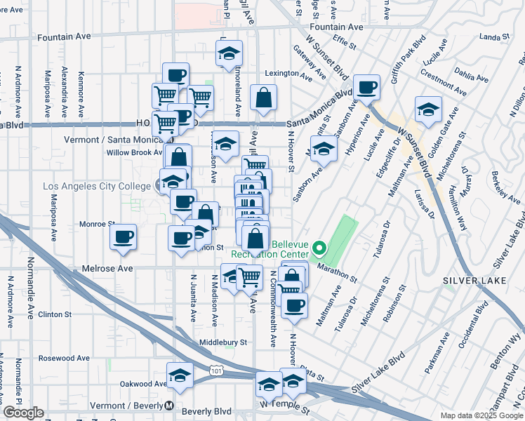 map of restaurants, bars, coffee shops, grocery stores, and more near 4148 Normal Avenue in Los Angeles